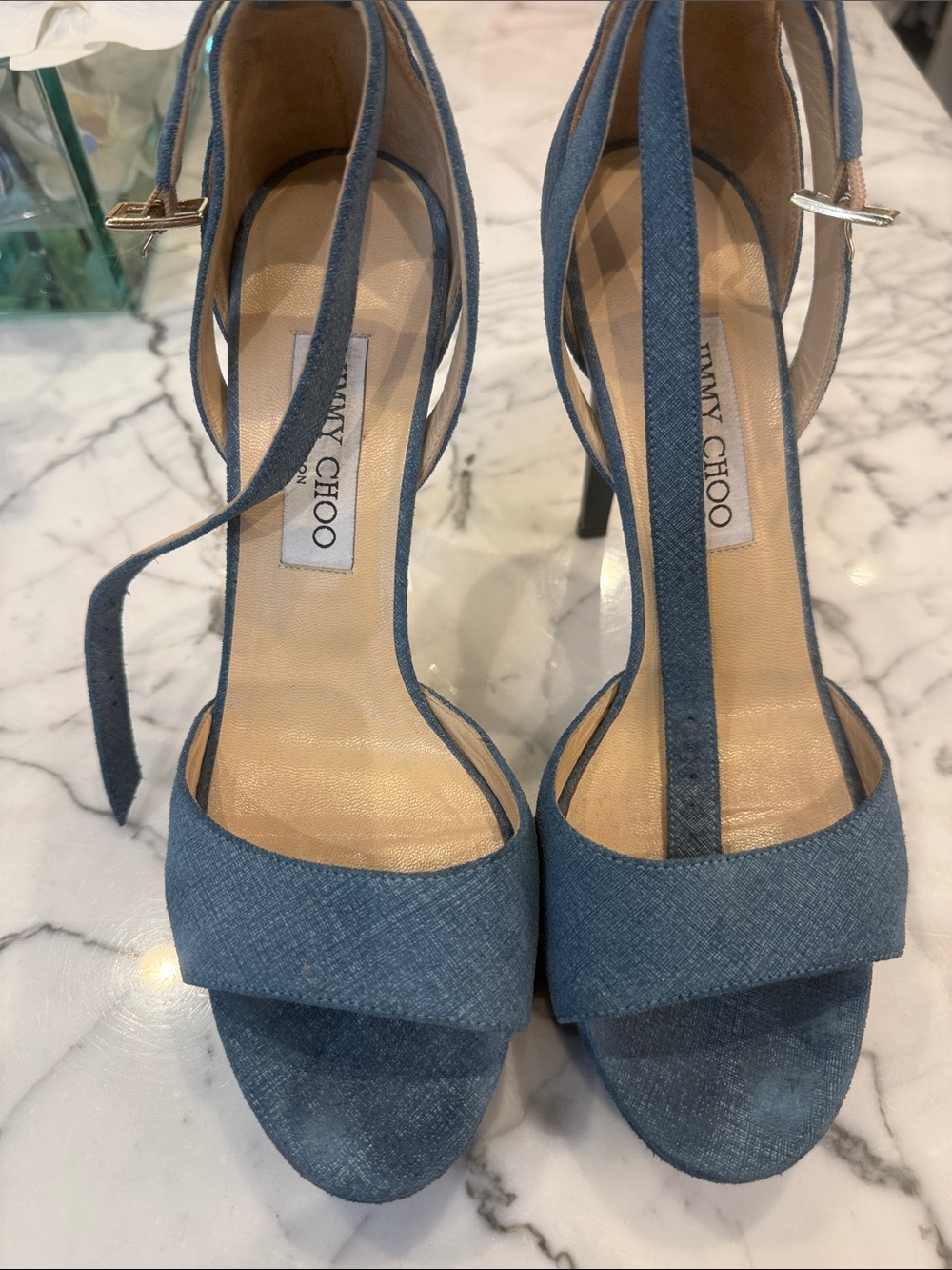 Jimmy Choo Denim Open-Toe Ankle-Strap Heels in Blue